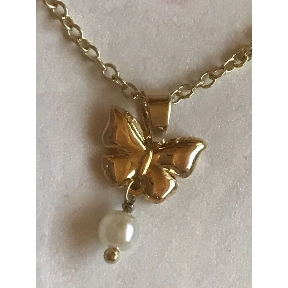 Girl Nation 14K Gold Plated Butterfly Pearl Pendant Necklace Hypoallergenic